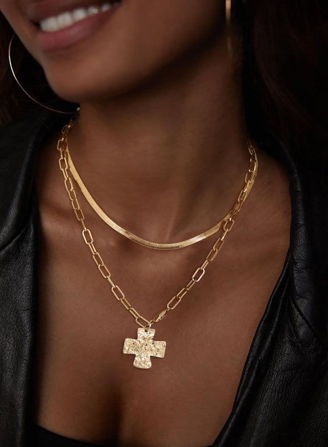 Moodear Cross Necklace for Women Trendy Layered 14K Gold Plated Chunky Statement Crucifix Pendant Charm Necklaces Paperclip Chain Herringbone Choker Jewelry Gift - Image 2